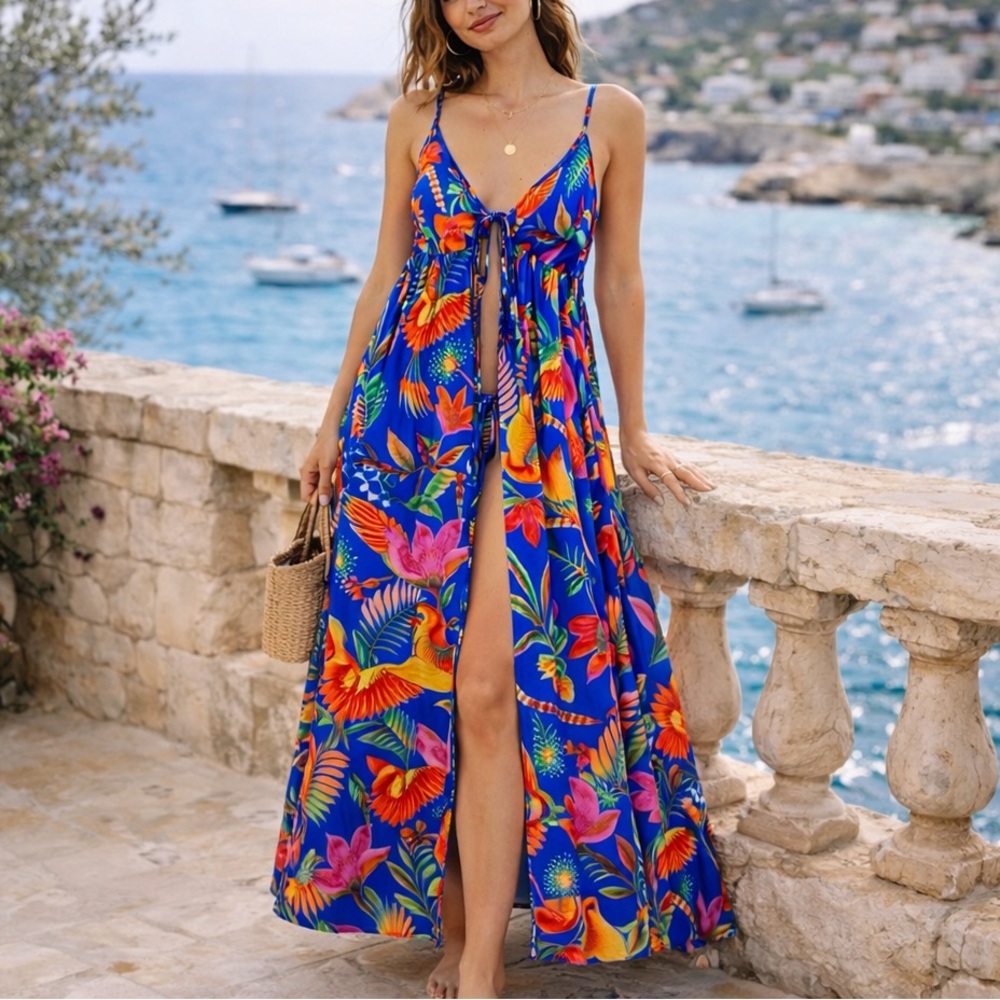 Farm Rio Macaw Print Beaded Cover-Up Maxi Dress Blue XS